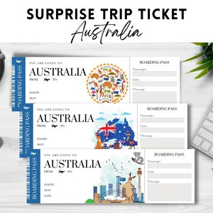 Printable, Editable AUSTRALIA Surprise BOARDING Pass TICKET, Trip Ticket to Australia, Editable Vacation Ticket , Instant Download pdf