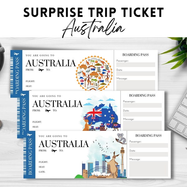 Printable, Editable AUSTRALIA Surprise BOARDING Pass TICKET, Trip Ticket to Australia,  Editable Vacation Ticket , Instant Download pdf
