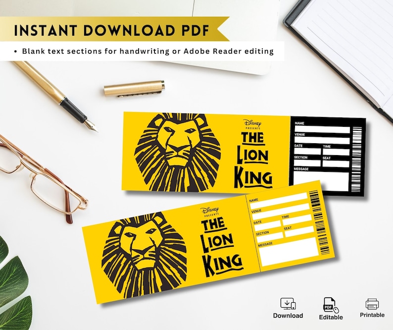 Printable the LION KING Broadway Surprise Gift TICKET. Editable Musical Theatre Keepsake Faux ...