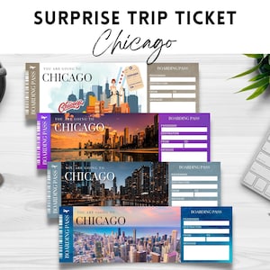 Printable, Editable CHICAGO Surprise Boarding Pass TICKET, Vacation Ticket, Editable Template, Instant Download pdf