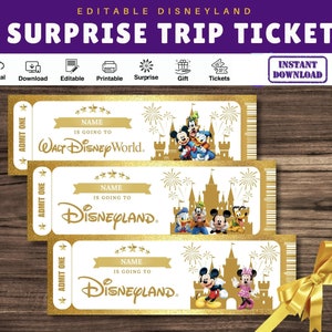 K&ouml;nnte beinhalten: Drei druckbare Tickets f&uuml;r einen &Uuml;berraschungs-Trip nach Disneyland oder Walt Disney World. Jedes Ticket hat einen goldenen Glitzer-Hintergrund mit wei&szlig;em Rand und einer goldenen Schlossgrafik. Die Tickets sagen "ADMIT ONE" und "NAME IS GOING TO" mit einem Platz zum Eintragen eines Namens.