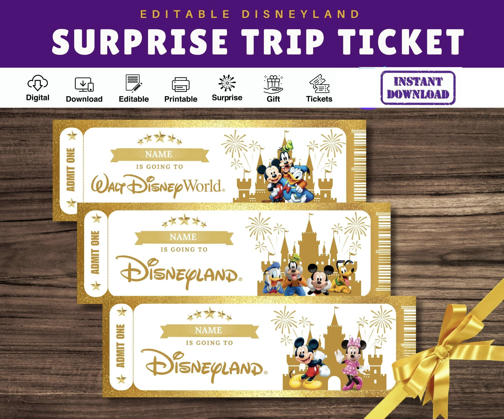 Printable Golden DISNEYLAND/DISNEYWORLD THEME Park Surprise Reveal Faux