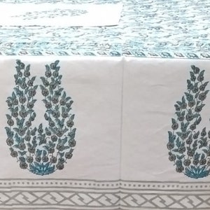 Indian Handmade White Base Blue Floral Printed Table Cover, 100% Cotton Hand Block Printed Table Cover, Indian Home Decor Thanksgiving Decor