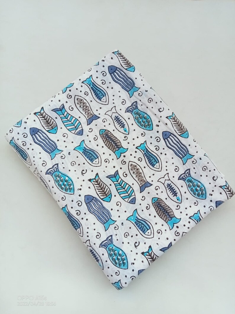 Blue FISH Block Print Fabric for Kids Dress, Kids Room Decor Fabric by ...