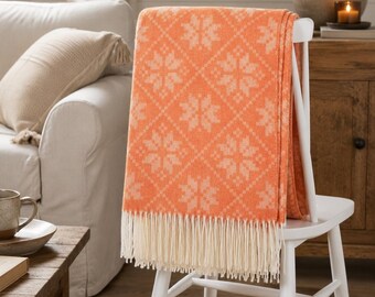 Coral Orange 100% Wool Throw Blanket, Cream Fringe Nordic Pattern Blanket for Sofa or Chair
