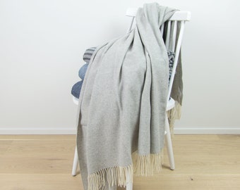 Merino wool cashmere throw blanket 140x200 cm (55x78 in) with fringes, Light grey herringbone blanket, Soft luxury sofa throw, Elegant decor