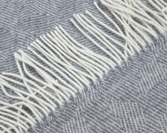 Grey geometric pattern throw blanket with fringes | Neutral modern 100% wool new home present | Minimalist natural home-decor