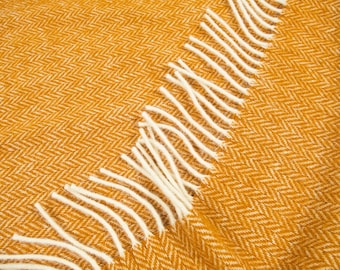 Herringbone orange yellow throw blanket with fringes for sofa | Cozy natural wool farmhouse home-decor