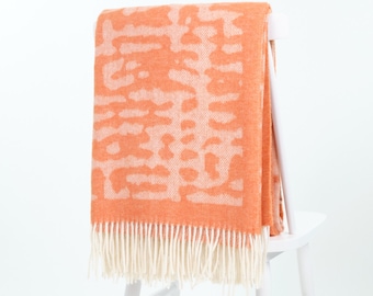 Bright orange wool throw blanket with cream abstract pattern and fringe, reversible wool blanket, modern cozy sofa throw, gift idea