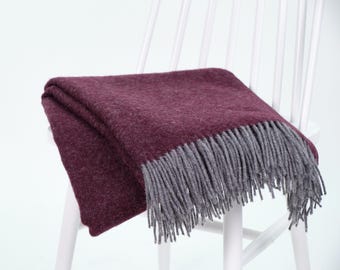 Dark purple and grey wool throw | Large sofa throw blanket | Warm wool plaid | 140x200cm incl. fringes