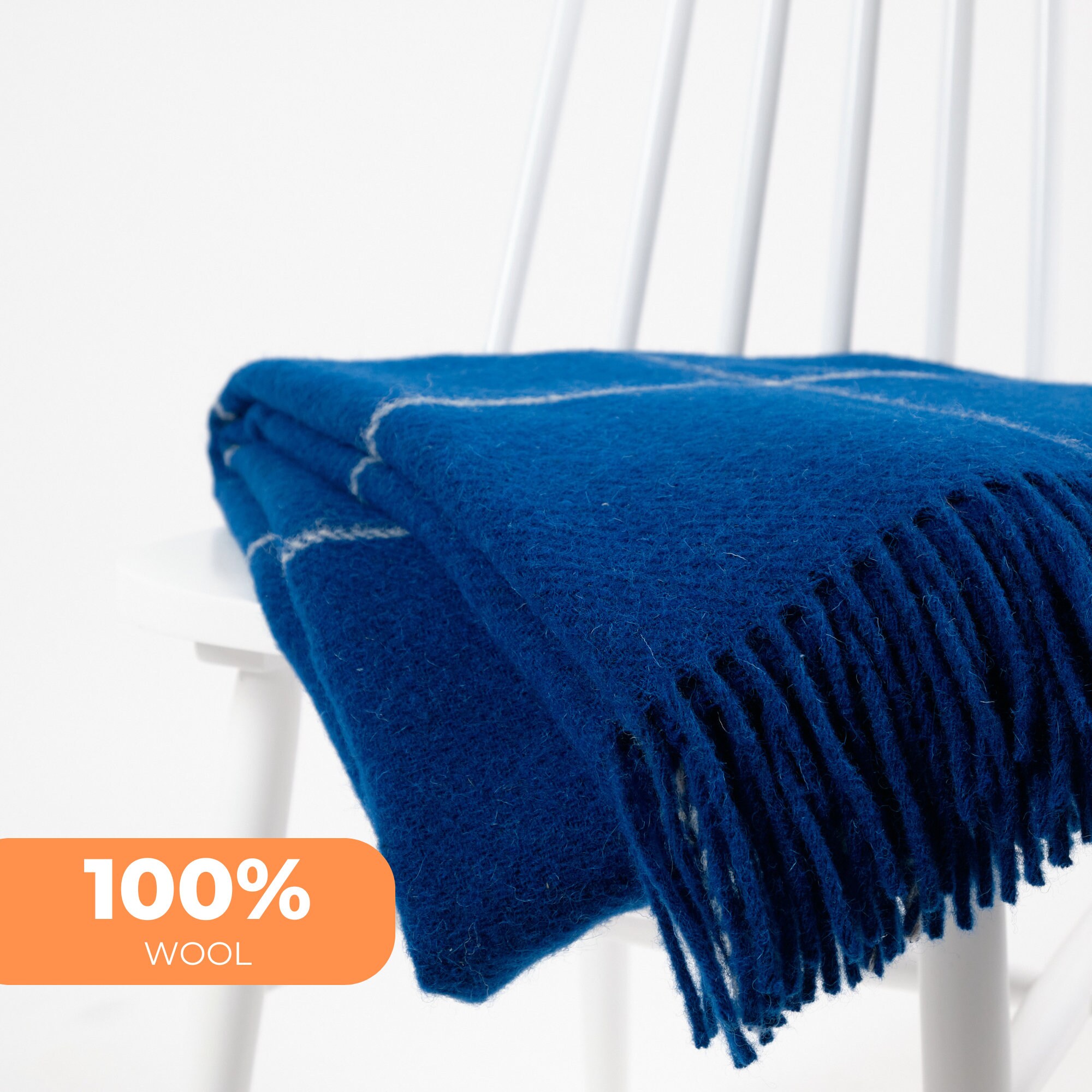 Cobalt blue pure wool windowpane grid check pattern plaid large sofa throw blanket with fringes | Hygge modern natural gift
