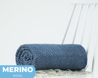 Merino wool dark blue geometric diamond weave pattern throw blanket | Stylish home decor gift | Warm hygge plaid present idea by NAMO
