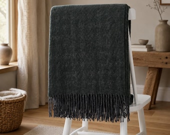 Dark Green 100% Wool Throw Blanket with Charcoal Fringe, Minimalist Home Decor, Houndstooth Pattern