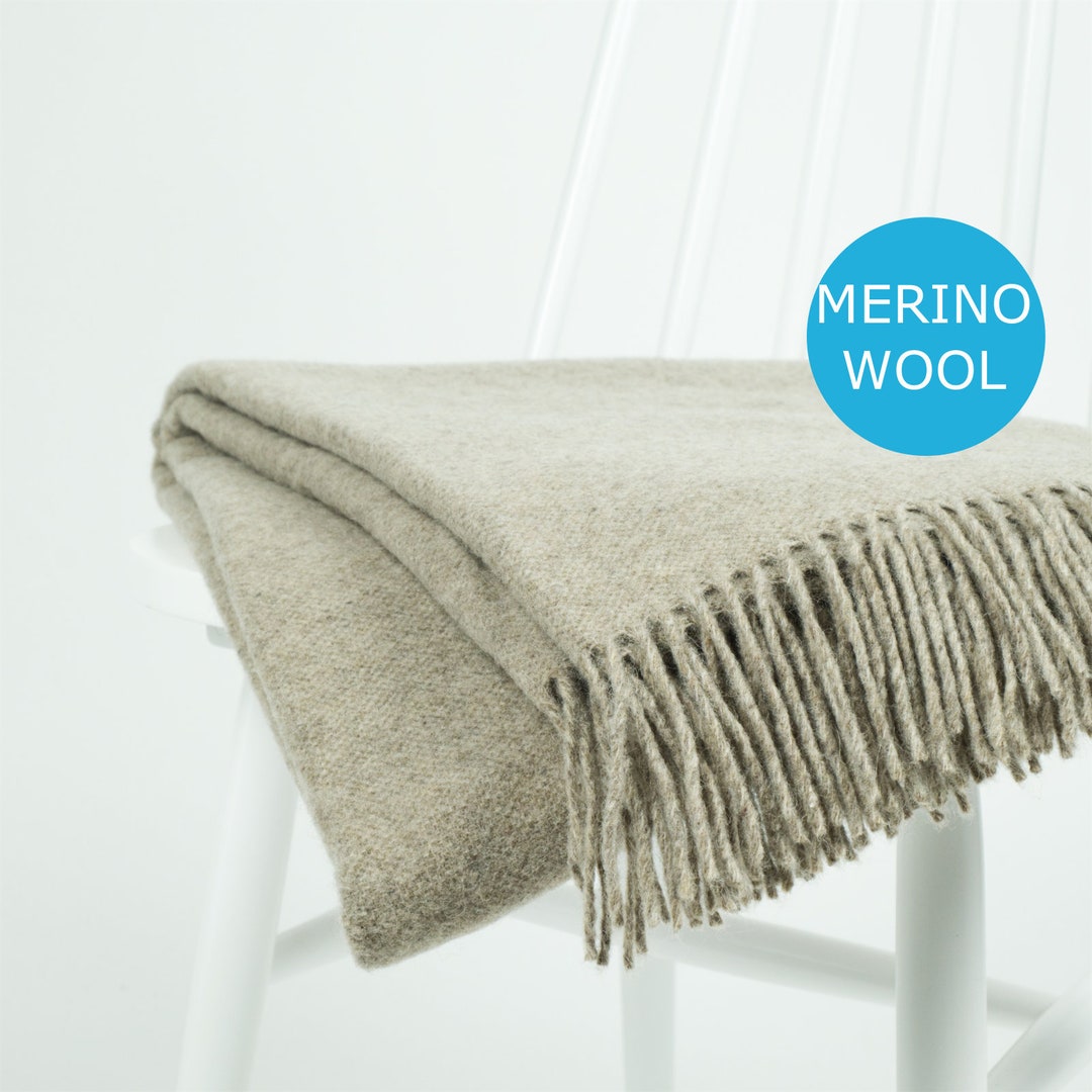 Cozy Light Brown Merino Wool Blend Blanket With Fringed Edges Etsy
