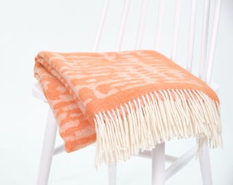 Orange Wool Throw Blanket: Abstract Rustic Plaid, Modern Boho style, 140x200cm including fringes