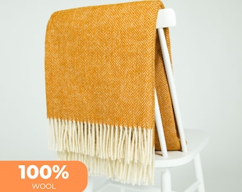 Mustard Yellow Orange Wool Throw Blanket: Chevron Herringbone Pattern, 140x200cm including fringes