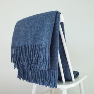 Sage green wool throw blanket 140x200cm (55x78in) with fringes, Cozy sofa throw, Minimalist home-decor Blue
