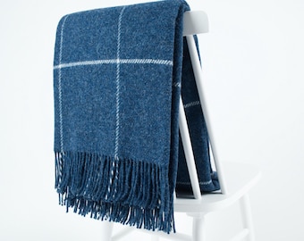 Blue wool windowpane check sofa living room throw blanket | Modern classic housewarming gift