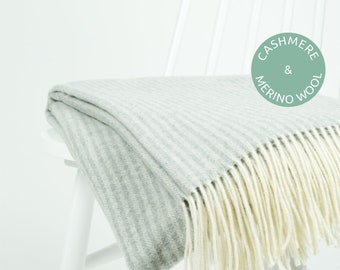 Cashmere merino wool light grey natural Scandinavian minimalist stripe soft cozy hygge large sofa throw plaid blanket with fringes by NAMO