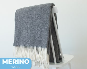Merino wool dark grey minimalist throw blanket | Soft hygge sofa throw plaid | Couch dark grey throw decoration | Natural gift idea by NAMO