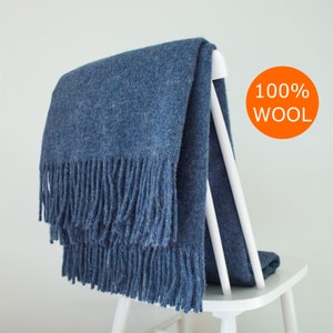 Natural sheep wool navy blue solid plain color warm and cozy extra high quality large sofa throw garden blanket plaid with fringes by NAMO