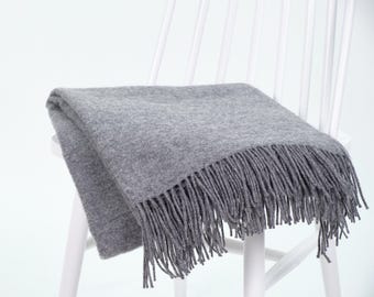 Grey cozy large sofa throw blanket,  Natural New Zealand wool plaid, Minimalist housewarming gift