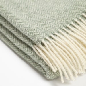 May include: A folded, light green blanket with a herringbone pattern. The blanket has a fringe of off-white tassels along one edge. The soft, textured fabric is visible in the close-up shot.