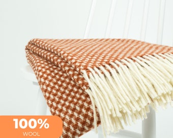 Orange and white little checks pattern natural wool blanket throw | Terracotta orange plaid | Housewarming gift idea by NAMO