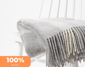 Natural wool plaid tartan light grey off white Scandinavian hygge warm large couch sofa throw blanket with fringes by NAMO