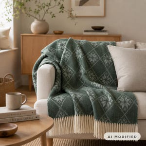 Dark Forest Green 100% Wool Throw Blanket with Nordic Floral Diamond Pattern and Fringes