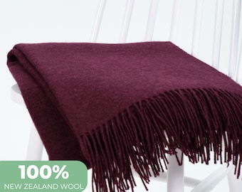 Burgundy Wool Throw Blanket: Solid Weave, New Zealand Wool, 140x200cm including fringes