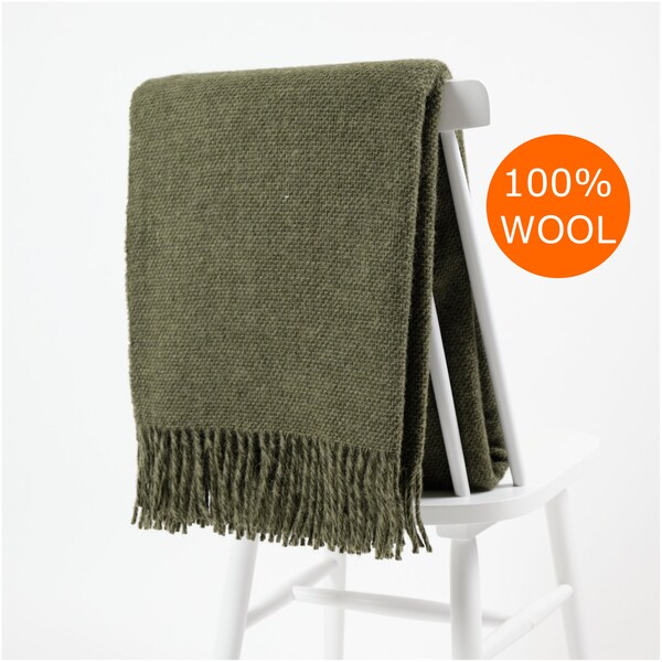 Scandinavian dark green sheep wool monochrome textured decorative large sofa armchair throw blanket plaid by NAMO