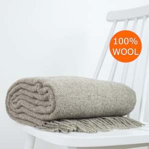 Beige natural sheep wool solid color throw plaid blanket by NAMO