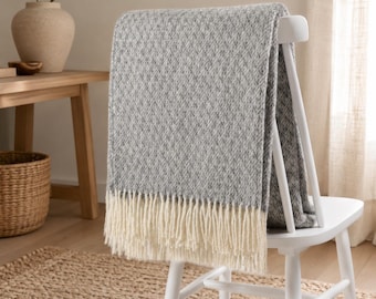 Gray Geometric 100% Wool Throw Blanket with Fringe, Scandinavian Neutral Sofa Blanket
