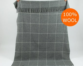 Large 100% Sheep Wool Blanket: Warm and Cozy Grey Throw Blanket Plaid with Fringes by NAMO