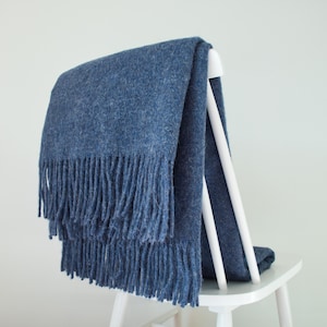 Blue solid color natural wool throw blanket | Large sofa throw | Cozy warm blanket with fringe | 140x200cm incl. fringes | Housewarming gift