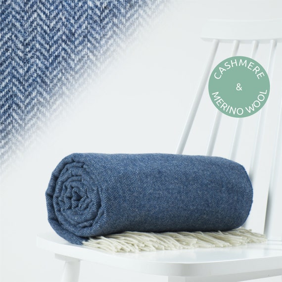 Buy Dark Blue Cashmere and Merino Wool Chevron Weave Solid Plain