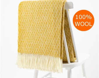 Natural wool autumn gold yellow warm throw blanket with fringes | Large sofa throw plaid in rustic weave mustard yellow colour by NAMO
