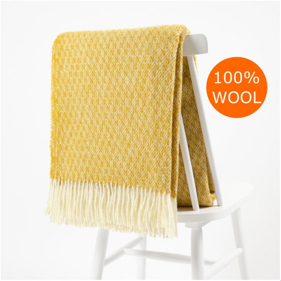 Natural Wool Autumn Gold Yellow Warm Throw Blanket With Fringes
