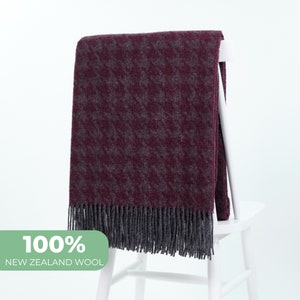 Houndstooth Pattern 100% Wool Throw Blanket: Burgundy Purple Scandinavian Plaid, Modern Interior