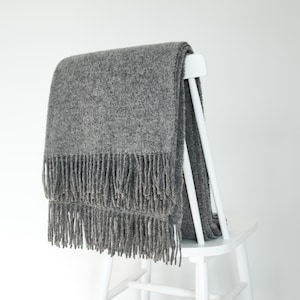 Sage green wool throw blanket 140x200cm (55x78in) with fringes, Cozy sofa throw, Minimalist home-decor Gray