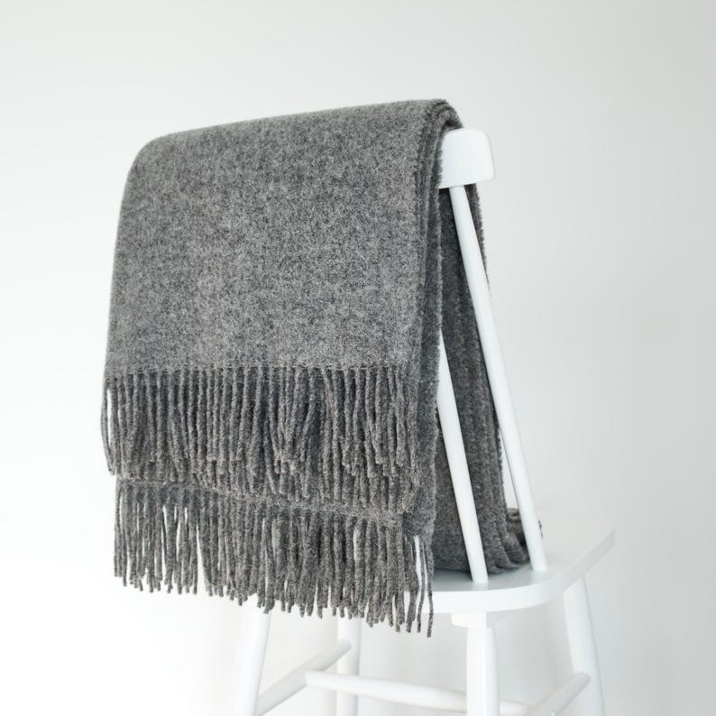 Sage green wool throw blanket 140x200cm (55x78in) with fringes, Cozy sofa throw, Minimalist home-decor Gray