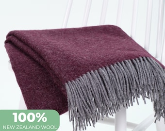 Wool throw blanket 140x200 cm (55x78 in) with grey fringes, Dark purple wool blanket, Solid wool throw, Cozy sofa blanket, Minimalist decor