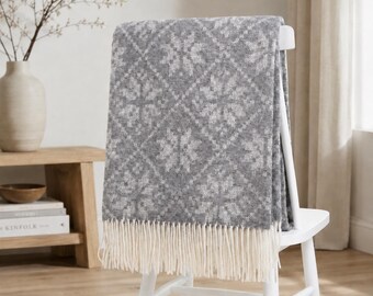 Grey 100% Wool Throw Blanket, Fringe Nordic Pattern Blanket for Sofa or Chair, Scandinavian Home-Decor