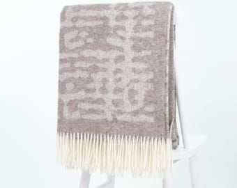 Contemporary modern home-decor, Light brown natural wool sofa throw blanket with fringes, 140x200 cm (55x78 in,  Abstract design