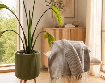 Cashmere and merino wool light grey striped soft throw blanket | Classic Home-Decor Housewarming Gift