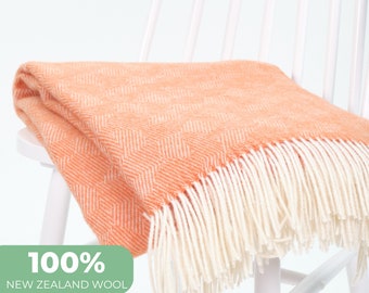 100% natural New Zealand wool coral orange textured geometric weave large sofa throw blanket plaid with fringes | Hygge cozy gift by NAMO