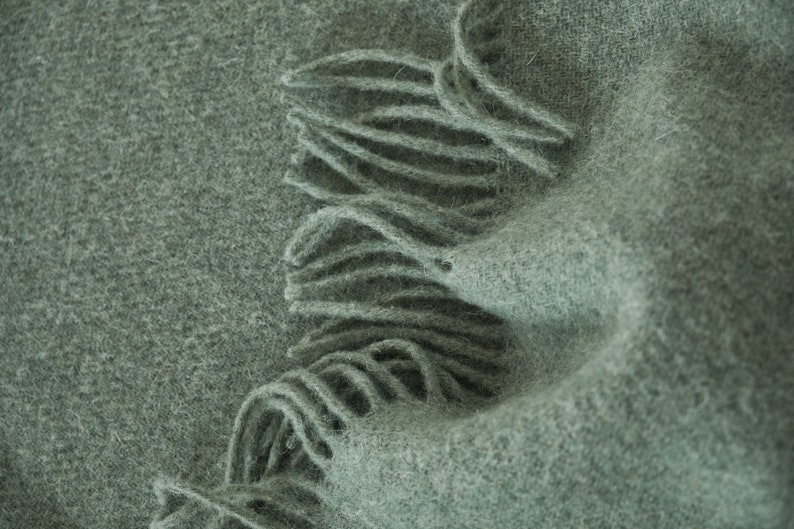 May include: A soft, sage green scarf with a fringed edge. The scarf is made of a fuzzy, textured fabric.