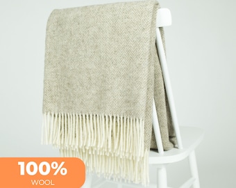 Light brown natural wool throw blanket | Beige pure wool chevron herringbone pattern weave blanket | Scandinavian home decoration by NAMO