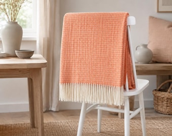 Large coral orange sofa throw | Rustic basketweave pattern 100% wool blanket for farmhouse interiors